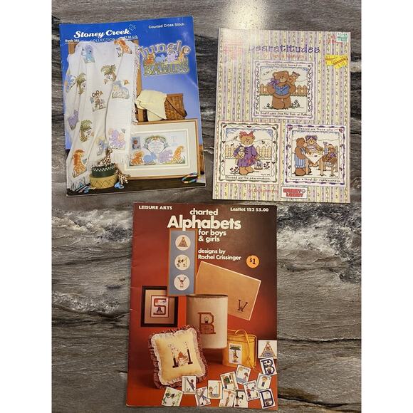 Lot of 3 Counted Cross Stitch Pattern Leaflets Kids Teddy Bears Jungle Vintage - Picture 1 of 8
